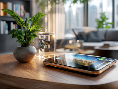 Tablet and glass of water on wooden table in modern living roomの素材