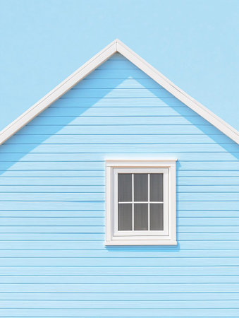 Blue wooden house with white window on blue wall background. 3d renderの素材
