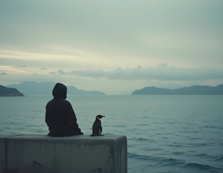 Little penguin sitting on the edge of the pier and looking at the seaの素材