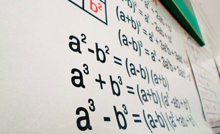 mathematical formulas on notebooks, trigonometry and geometric shapesの写真素材