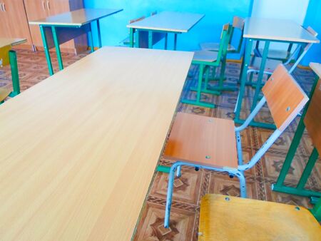 school class with desks and chairsの写真素材