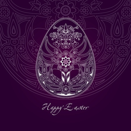 happy easter greeting card with white decorative egg containing folk motifs のイラスト素材