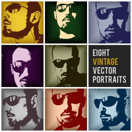 eight vintage vector portraits in different positions and retro colors,  no transparencies, ideal for prints, rubbed effects are on different layers, they can be easily removedのイラスト素材