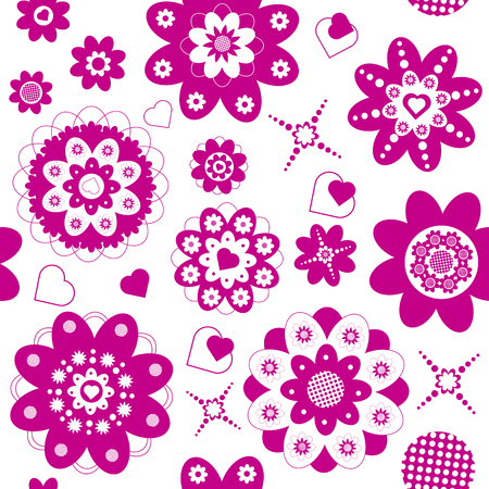 pink flowers and hearts seamless, the cut forms are organized in a free manner, the illustration contains one pink color.のイラスト素材