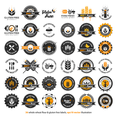 36 whole wheat flour & gluten free labels with differently varied modern, vintage elements, eps10, no transparencies, ideal for printsのイラスト素材