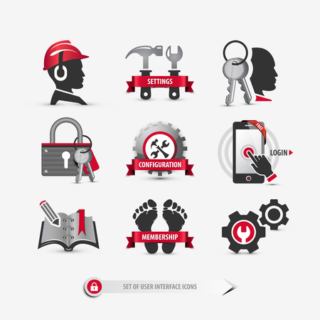 set of user interface icons containing: login and register symbols, account and profile setting buttons, mobile and web elements for website templates, flat, 3d style signs, eps10 vector illustrationのイラスト素材