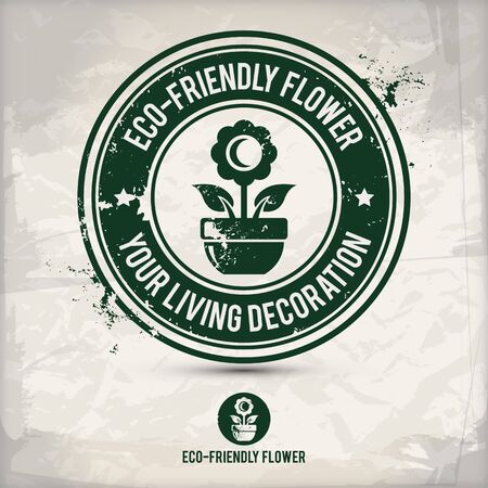 alternative eco flowering stamp containing: two environmentally sound eco motifs in circle frames, grunge ink rubber stamp effect, textured carton paper background.のイラスト素材