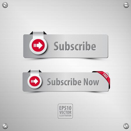 subscribe button set containing two well designed, textured, metallic subscribe buttons, icon, corner ribbon, stainless steel background with screws on the corners,  vector illustration, 3d styleのイラスト素材