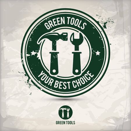 alternative green tool stamp containing: two environmentally sound eco motifs in circle frames, grunge ink rubber stamp effect, textured paper background,  vector illustrationのイラスト素材