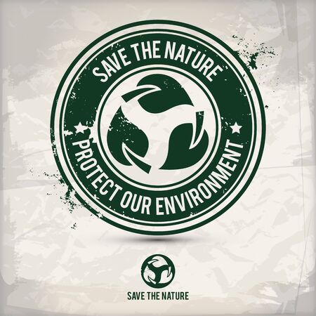 alternative nature saving stamp containing: two environmentally sound eco motifs in circle frames, grunge ink rubber stamp effect, textured paper background,  vector illustrationのイラスト素材