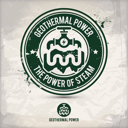 alternative geothermal power stamp containing: two environmentally sound eco motifs in circle frames, grunge ink rubber stamp effect, textured paper background,  vector illustrationのイラスト素材
