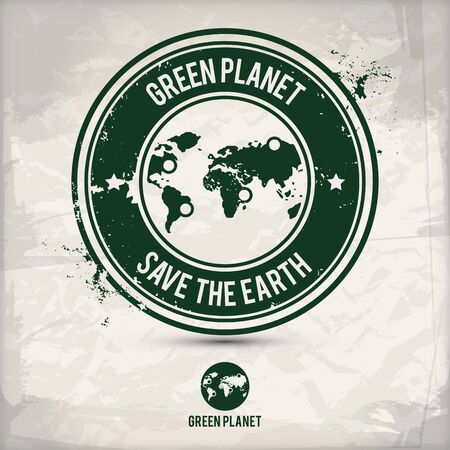 alternative green planet stamp containing: two environmentally sound eco motifs in circle frames, grunge ink rubber stamp effect, textured paper backgroundのイラスト素材