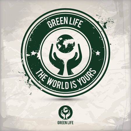 alternative green life stamp containing: two environmentally sound eco motifs in circle frames, grunge ink rubber stamp effect, textured paper backgroundのイラスト素材