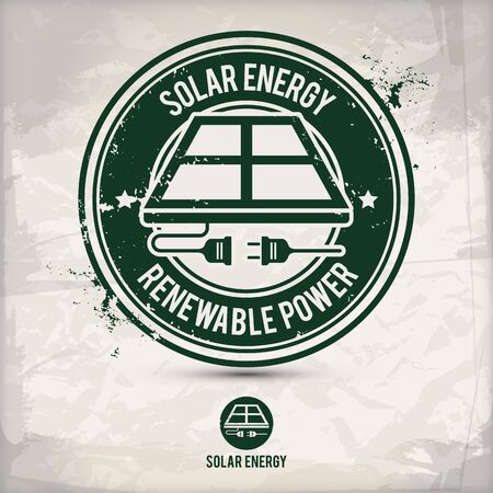 alternative solar energy stamp containing: two environmentally sound eco motifs in circle frames, grunge ink rubber stamp effect, textured paper backgroundのイラスト素材