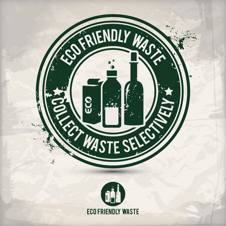 alternative eco waste stamp containing: two environmentally sound eco motifs in circle frames, grunge ink rubber stamp effect, textured paper backgroundのイラスト素材