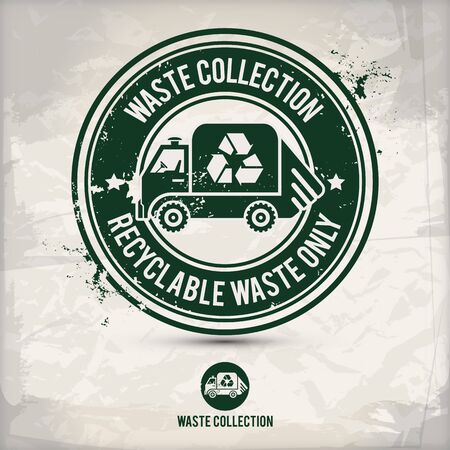 alternative waste collection stamp containing: two environmentally sound eco motifs in circle frames, grunge ink rubber stamp effect, textured paper backgroundのイラスト素材