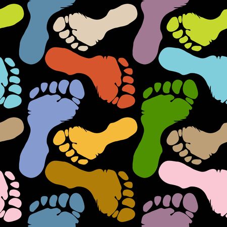 seamless pattern of footprints in pastel colors, variations of colorful human soles on dark flat background, ideal for print, textile, web, and other designsのイラスト素材