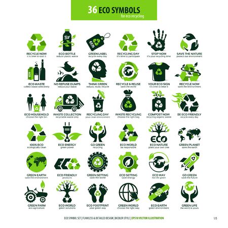 collections of eco friendly flat symbols, high detailed icons, graphic design web elements, alternative ecological concept, isolated emblems on clean white backgroundのイラスト素材