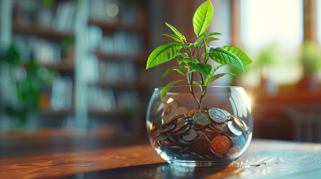 plant growing from coins in a glass vase on a wooden tableの素材