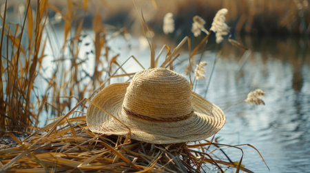 Straw hat on the shore of a lake with dry reedsの素材
