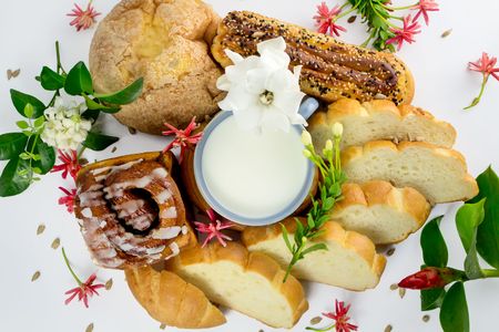 glass of milk and breadの写真素材