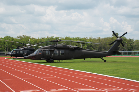 military helicopter land on sport stadiumの写真素材