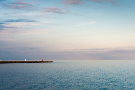 Ligurian Sea. Seascape Italy. White clouds on a blue sky. Great summer vacation day.の写真素材