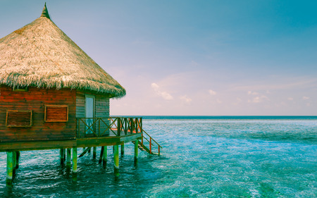 Overwater Bungalow. Ocean in the Maldives. Vacation in luxury hotelの写真素材