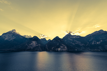 Evening in the Alps. Mountainous landscape, wide lens. Abstract color.の写真素材