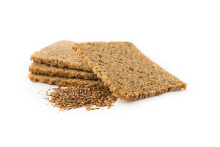 Organic Rye Bread with Flax, Sesame Seeds. Selective focus on foreground. Close Up. Isolated objects on a white background.の写真素材