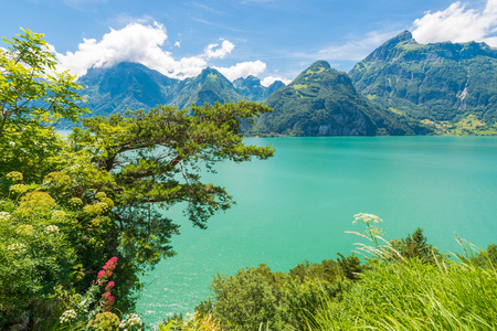 Grandiose panorama of the mountains and lake. Summer day in  Alps. Europe.の写真素材