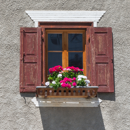 Window with flower pot on ledge in a village, eastern of Switzerlandの写真素材