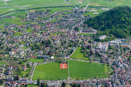 View from above of the city and houses, roadsの写真素材