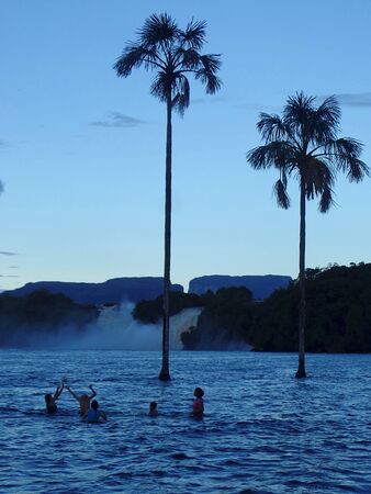game at dusk. ballgame in the lagoon canaima Accompanying sunsetの写真素材