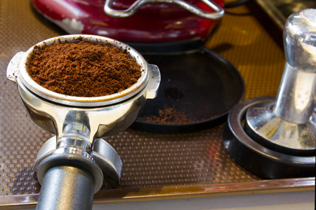 Coffee powder in EspressoGroup Headの写真素材