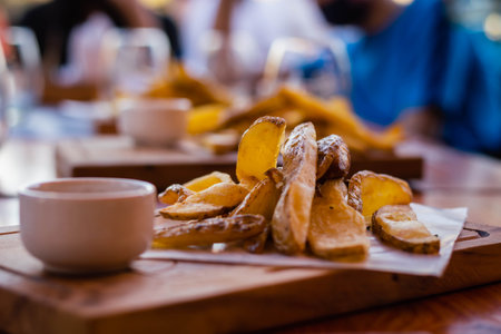 Sliced potatoes on a wooden table in a restaurant. Select focus.の写真素材