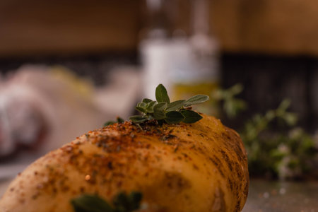 Close up of a roasted chicken with herbs on a wooden table.の写真素材