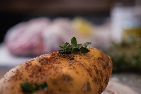 Baked potato with herbs on a wooden table. Select focus.の写真素材