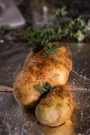 Baked potatoes with herbs on a black background. Cooking process.の写真素材