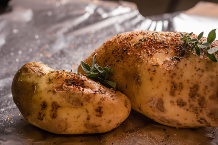 Baked potatoes with herbs and spices on a baking sheet, close-upの写真素材