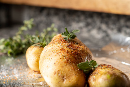 Homemade baked potatoes with herbs and spices on a wooden background.の写真素材