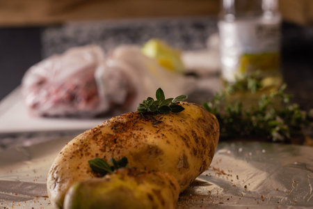Baked potatoes with herbs and spices on a wooden background. Select focus.の写真素材