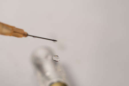 close-up of needle and syringe with vaccineの写真素材