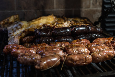 Grilled sausages on a barbecue grill in a restaurant.の写真素材
