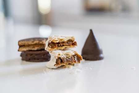 Chocolate macaroon on white table. Select focus.の写真素材