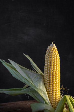Fresh corn on the cob on a black background with copy space.の写真素材