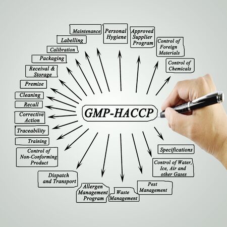 Women hand writing element  GMP-HACCP for use in manufacturing (Training and Presentation)の写真素材