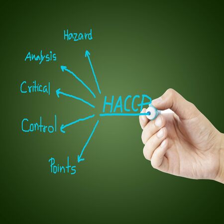 women hand writing meaning of HACCP concept (Hazard Analysis of Critical Control Points) on green background for used in manufacturing. (Training and Presentation)の写真素材