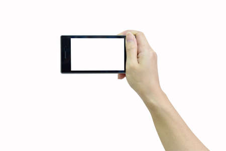 Female hand holding modern smart phone with white screen on white background with clipping path