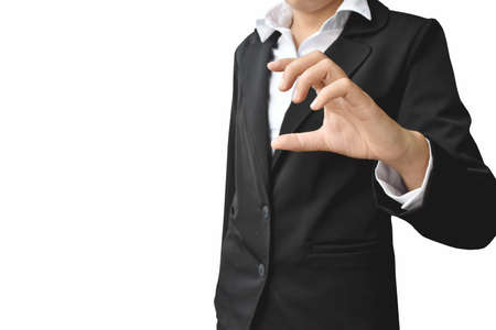 Business woman with hand showing blank sign isolated on white background. This picture has clipping path for easy to use. hand focus.の写真素材